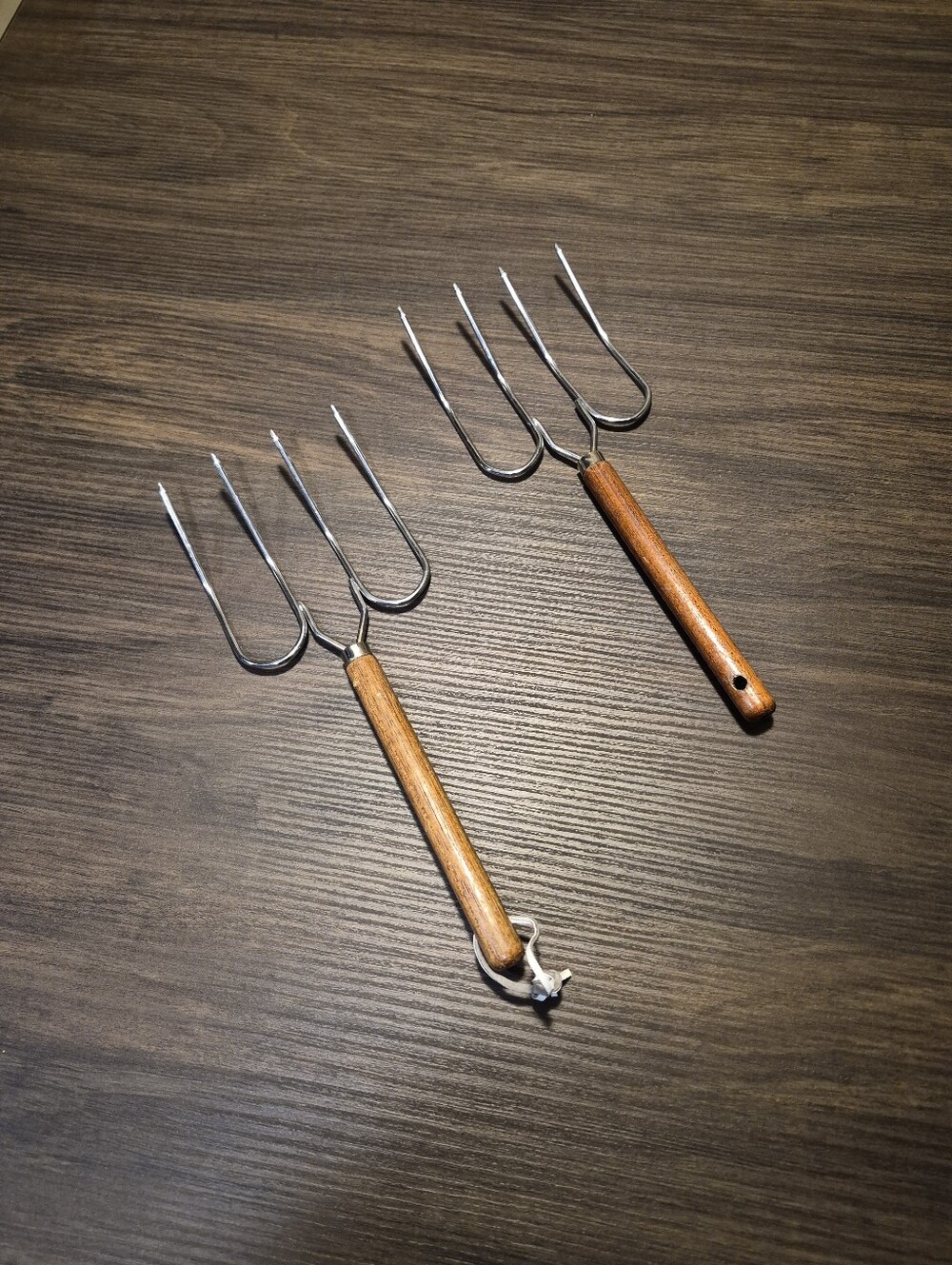 Wood Handle 3-Prong Meat Forks - Set of 2, Brown & Silver